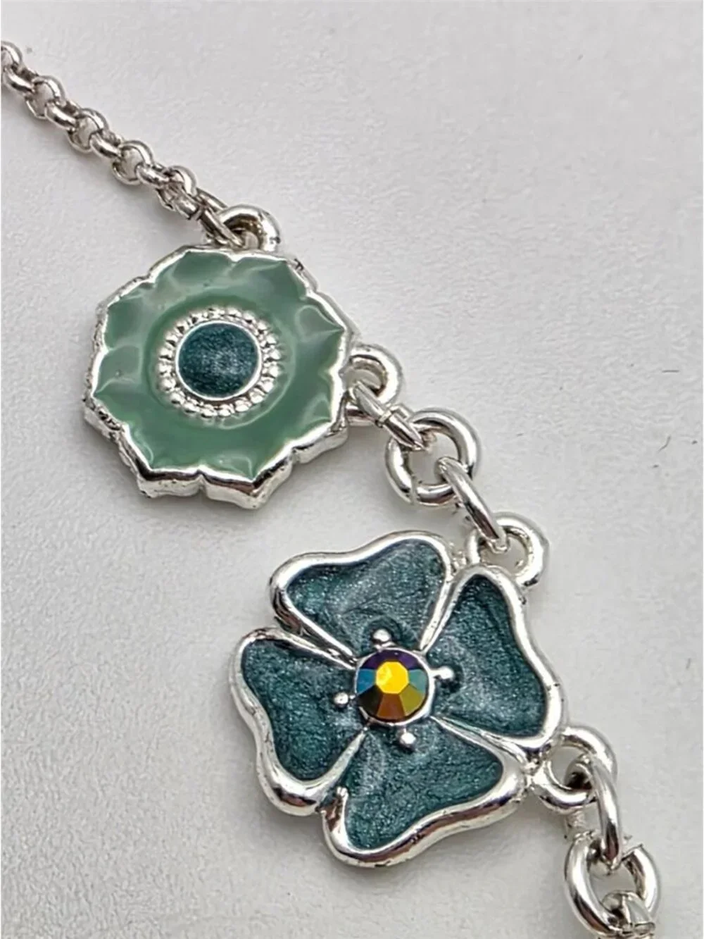 Avon Multicolor Enamel Flower Link Necklace AB Crystal Silver Tone 18.5